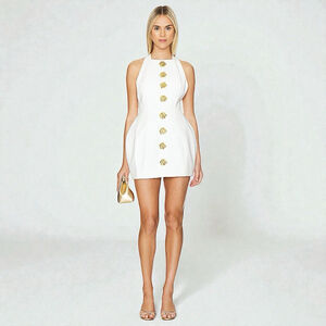 ATOIR Revolve The Tiffany Dress Ivory Structured Skirt Gold Flower Buttons Sz 2